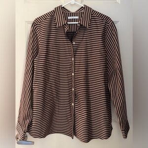 Foxcroft Women’s NonIron Modern Striped Button Down, 100% Cotton, Tan/Black, M/L